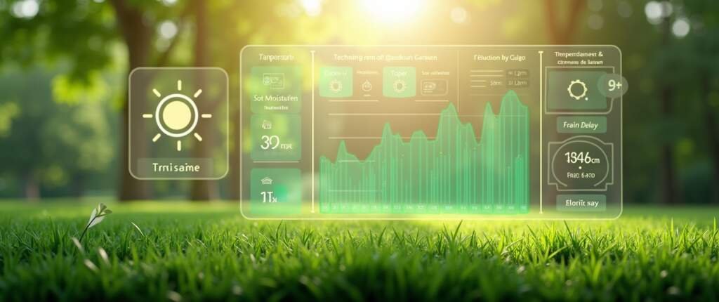 Data-gestuurde en klimaatadaptieve graskalender met bodemvochtsensoren, GDD-grafieken en slimme tuinzones in een Nederlandse tuin.