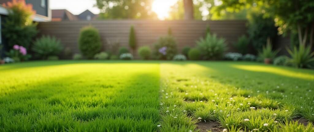 Goed onderhouden Nederlands gazon naast een flets en mosrijk gazon, als visuele uitleg waarom een gras kalender essentieel is voor timing en gezond gazononderhoud.