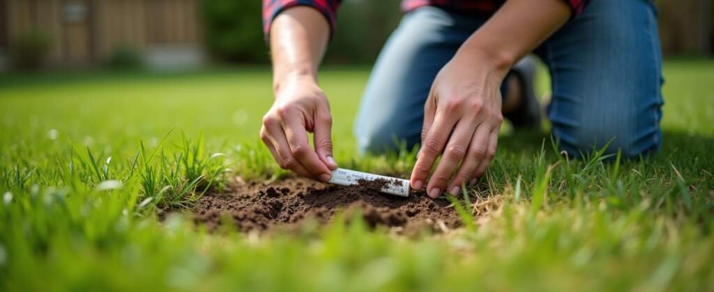 Beginner beoordeelt de bodem en lichtinval van een gazon; pH-test en beluchten voor effectief gras onderhoud in het voorjaar.