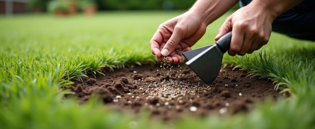 Handen van een tuinier die kale plekken in het gazon herstelt door doorzaaien en licht aandrukken van het graszaad.