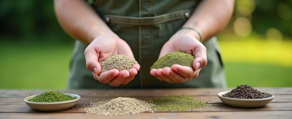 Handen van een tuinier die verschillende grassoorten en zaden vergelijkt voor optimaal gras onderhoud.