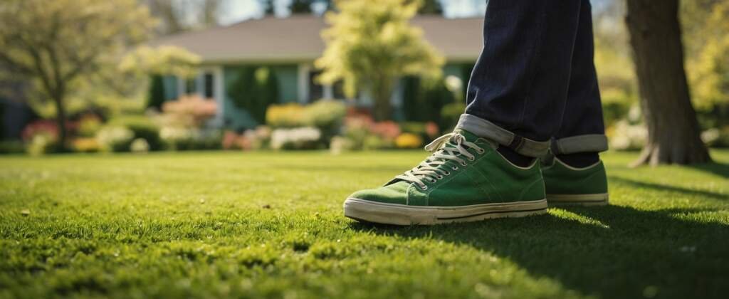 Tuinier inspecteert een gazon in het voorjaar; controle van bodem, mos en kale plekken voor gericht gras onderhoud.