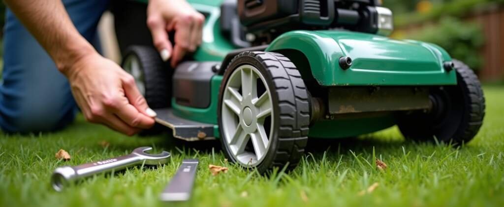 Handen van een tuinier die het maaimes en de grasmaaier reinigt en scherp maakt als onderdeel van gras onderhoud.