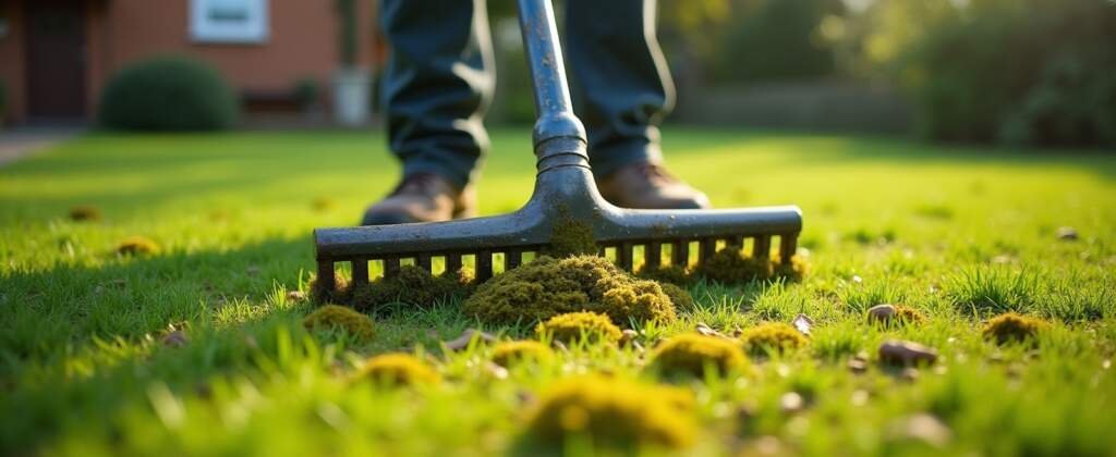 Tuinier die mos en vilt uit het gazon verwijdert met een verticuteerhark tijdens het voorjaars onderhoud.