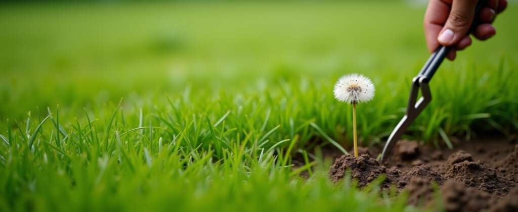 Hand die met een smal onkruidgereedschap een paardenbloem uit het gazon verwijdert als onderdeel van gras onderhoud.