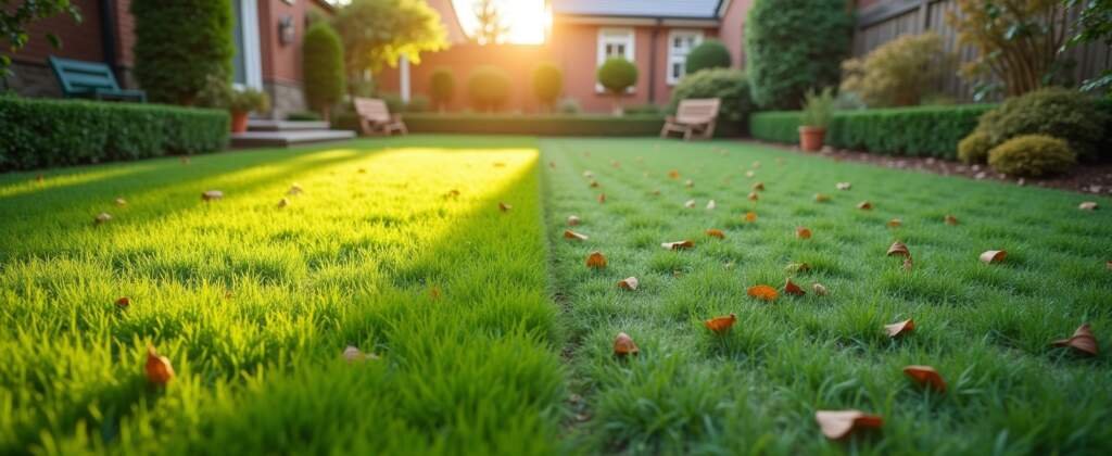 Gazon dat de vier seizoenen laat zien – voorjaar, zomer, herfst en winter – als visuele uitleg van gras onderhoud per seizoen.