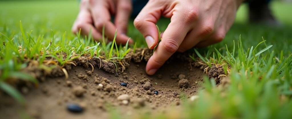 Handen van een tuinier die losse zoden optilt om schade door larven of ziekten in het gazon te controleren.