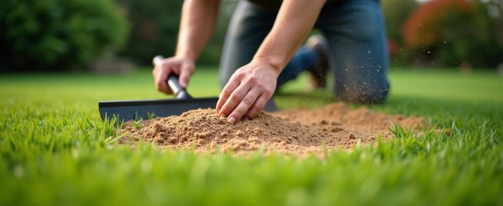 Tuinier die een dunne laag zand-compost topdress over een belucht gazon verdeelt voor beter bodemleven en gras onderhoud.