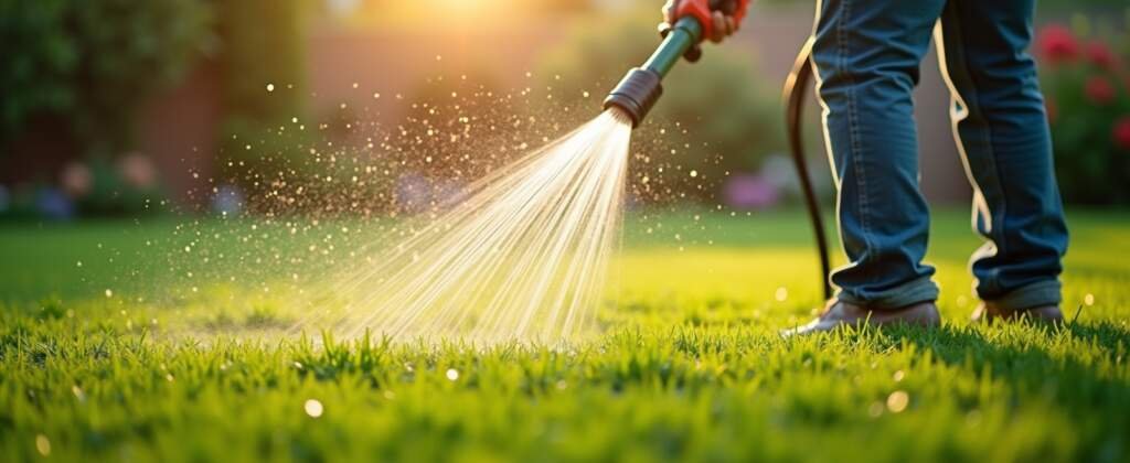 Tuinier die het gazon diep bewaterd met een tuinslang in de vroege ochtend voor effectief gras onderhoud.