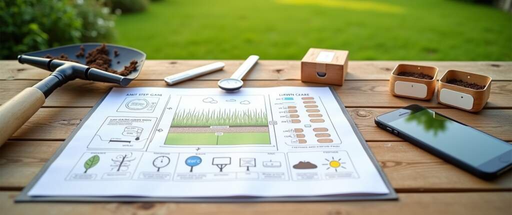 Stappenplan voor het opstellen van een graskalender met tuinplattegrond, bodemtest, seizoensplanning en gazononderhoud tools op een Nederlandse tuintafel.