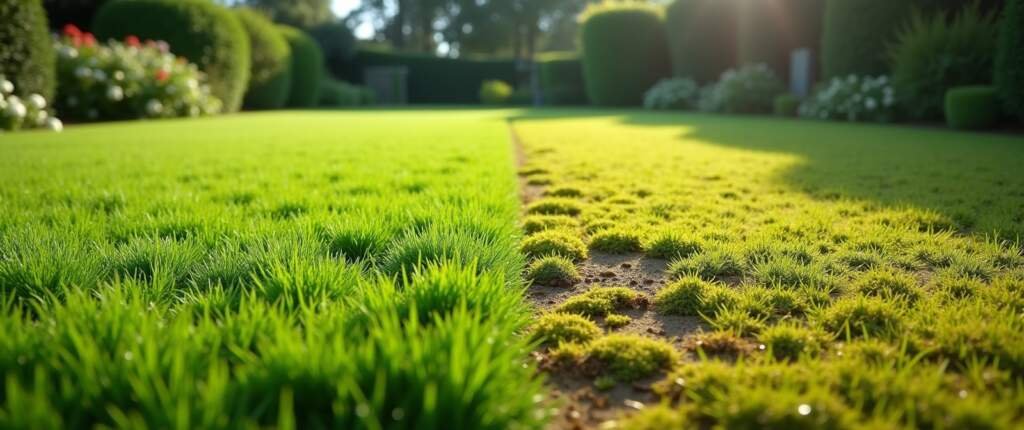Vergelijking tussen een gepland graskalender-gazon en een reactief onderhouden gazon: gezond, gelijkmatig gras tegenover mos, kale plekken en stress.