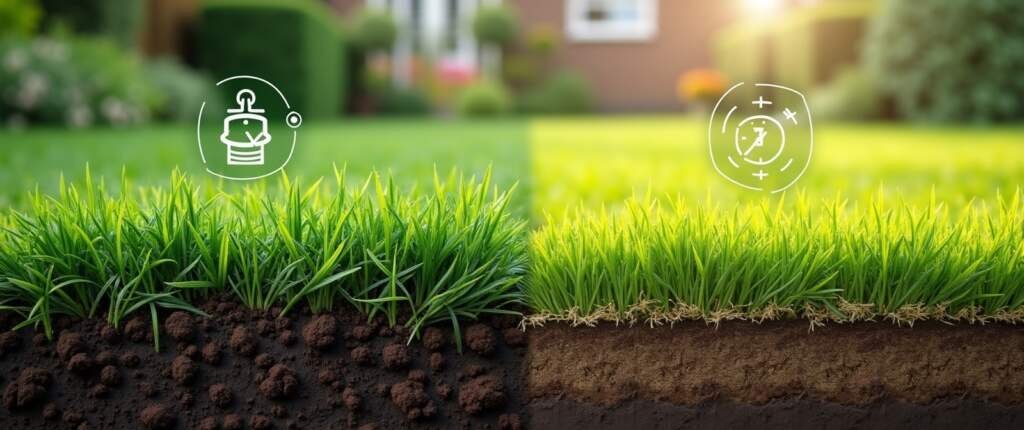 Split-view beeld toont hoe juiste timing in gazononderhoud leidt tot een sterk, gezond gazon vergeleken met slecht getimede ingrepen.